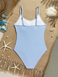 SHEIN 少女连体泳衣，可爱蓝白条纹针织面料，可调节肩带，时尚休闲优雅的连体设计，适合游泳、夏季度假、海滩、泳池、节日派对等场合。 - 藍白色 - 查看 2