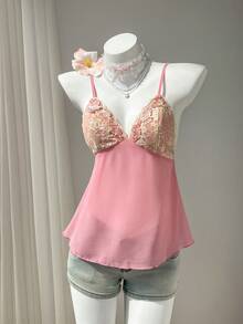 Flirla Women's Chiffon Contrast Color Lace Colorful 3D Floral Trim V-Neck Camisole, Vintage Sweet Romantic Casual Versatile For Summer Vacation Beach - Pink - View 5