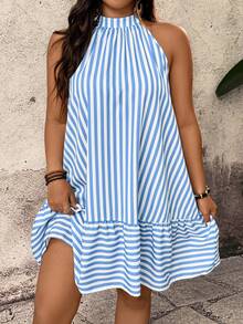 Breezaya Vestido casual y versátil de talla grande con estampado de rayas para primavera/verano - Azul - Ver 3