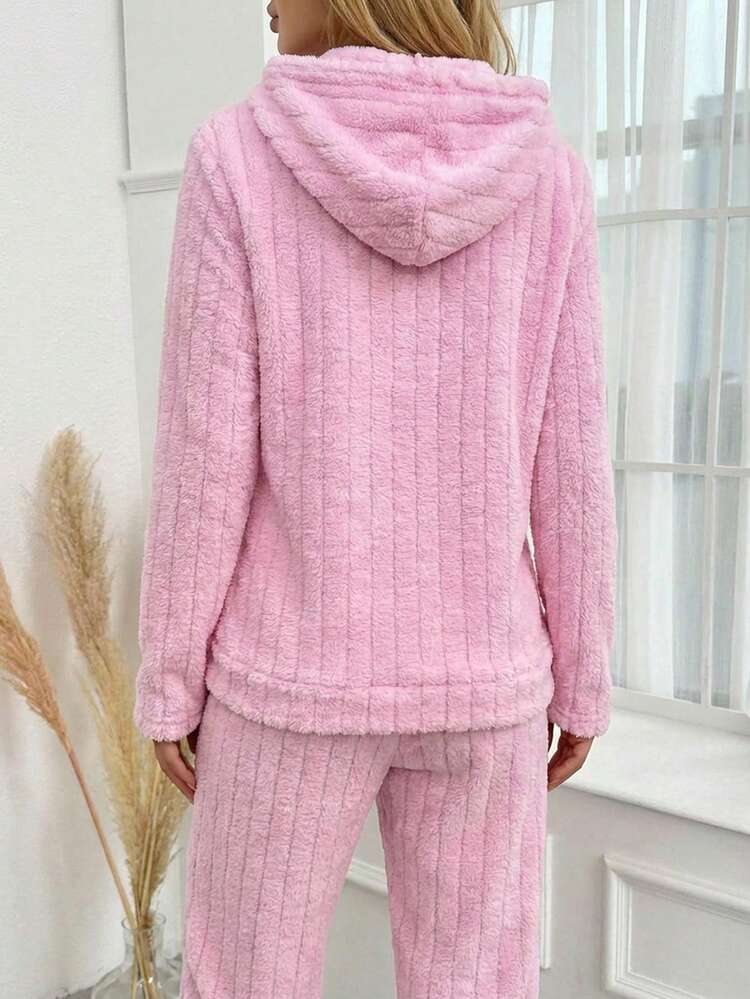 WovenCharm Bear Embroidered Kangaroo Pocket Drawstring Hooded Flannel Sleep Top - Pink - View 2