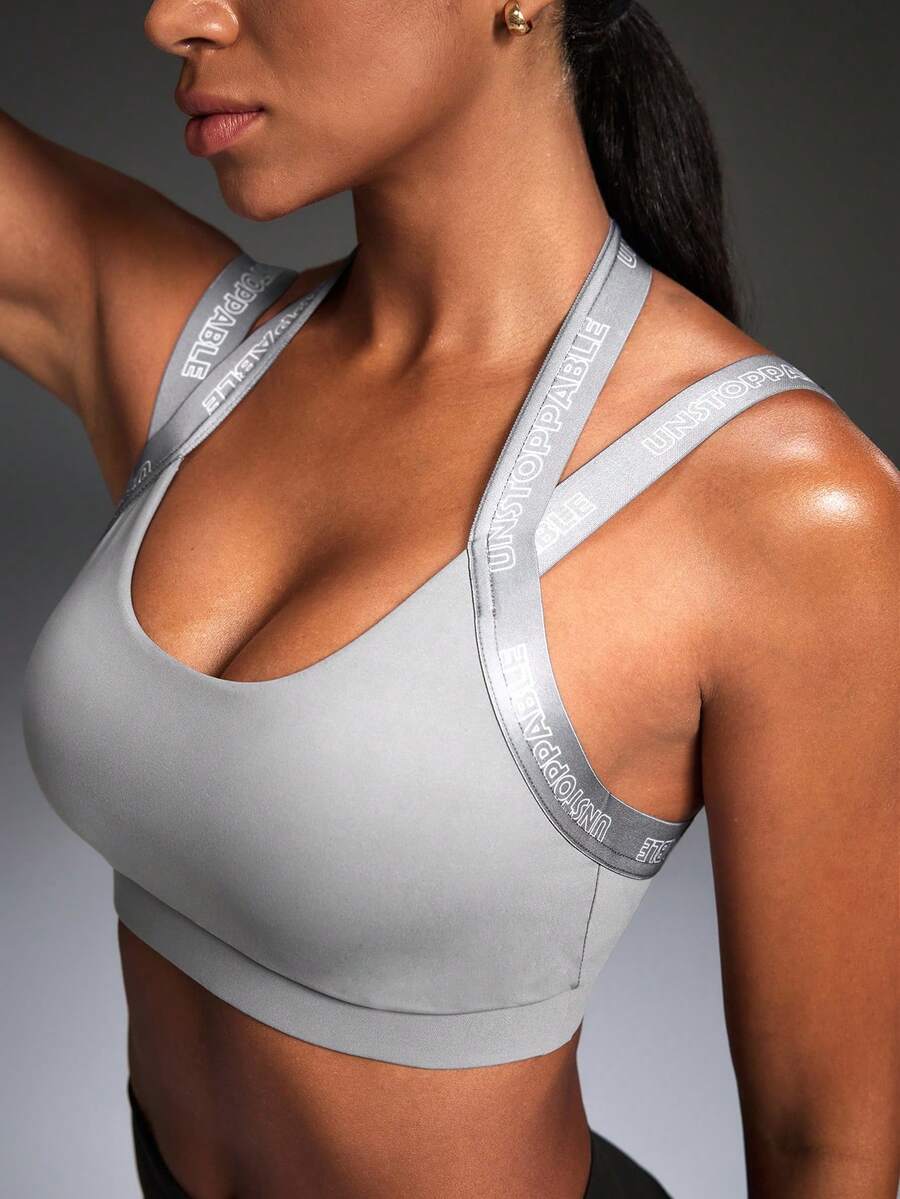 Powerista Sujetador deportivo de mujer con estampado de letras y espalda calada para uso diario y fitness - Gris - Ver 1