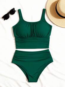 Swim Lushoire 2pcs Plus Size Women Solid Color Casual Vacation Spaghetti Strap Camisole Bikini For Summer - Green - View 6
