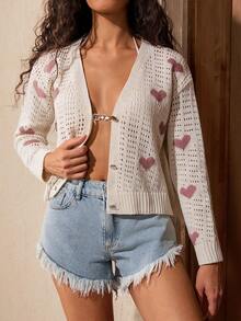Women's Heart Pattern Single-Breasted Casual Versatile Lightweight Cardigan For Daily Wear - Beige - View 1