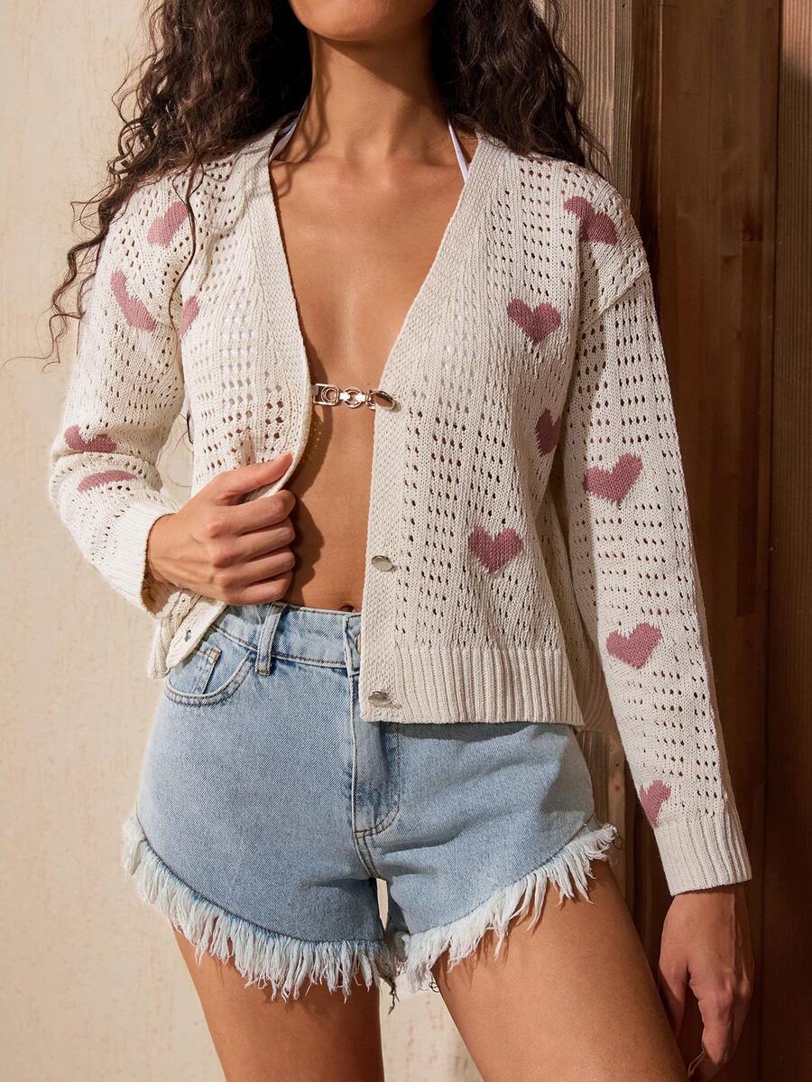 Women's Heart Pattern Single-Breasted Casual Versatile Lightweight Cardigan For Daily Wear - Beige - View 1