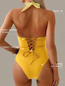 Shapewave 1 pieza Traje de baño con control de abdomen, estilo patchwork, con escote halter y espalda descubierta - Amarillo - Ver 2