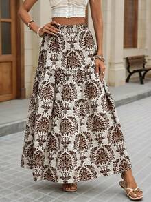 Brillora Women's Elastic Waist Loose Bohemian Print Skirt - Brown - View 4