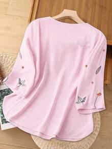 SHEIN LUNE Áo kiểu dáng bohemian thêu hoa, thanh lịch, cỡ lớn. - Hồng - Xem 2