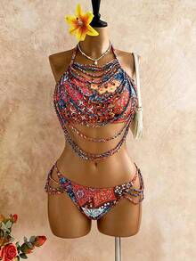 Swim Vcay Plus Size Women Floral Print Sexy Halter Bikini Set - Multicolor - View 8
