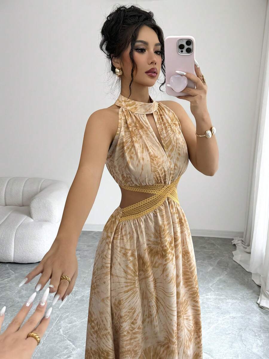 Elenzga 优雅度假风新款女装春夏黄色亮丽花卉印花露背高领金色编织腰带长裙,适合日常穿着、婚礼、正式场合、通勤、毕业派对、假日、约会、聚会、万圣节、圣诞节、新年、感恩节等场合。 - 杏色 - 查看 1