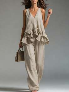 EMERY ROSE Ruffle Hem Decorated Camisole + Pants Set - Khaki - View 7