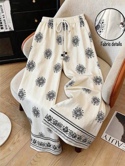 Franclia 女士复古印花白色长裤，适合度假和旅行
