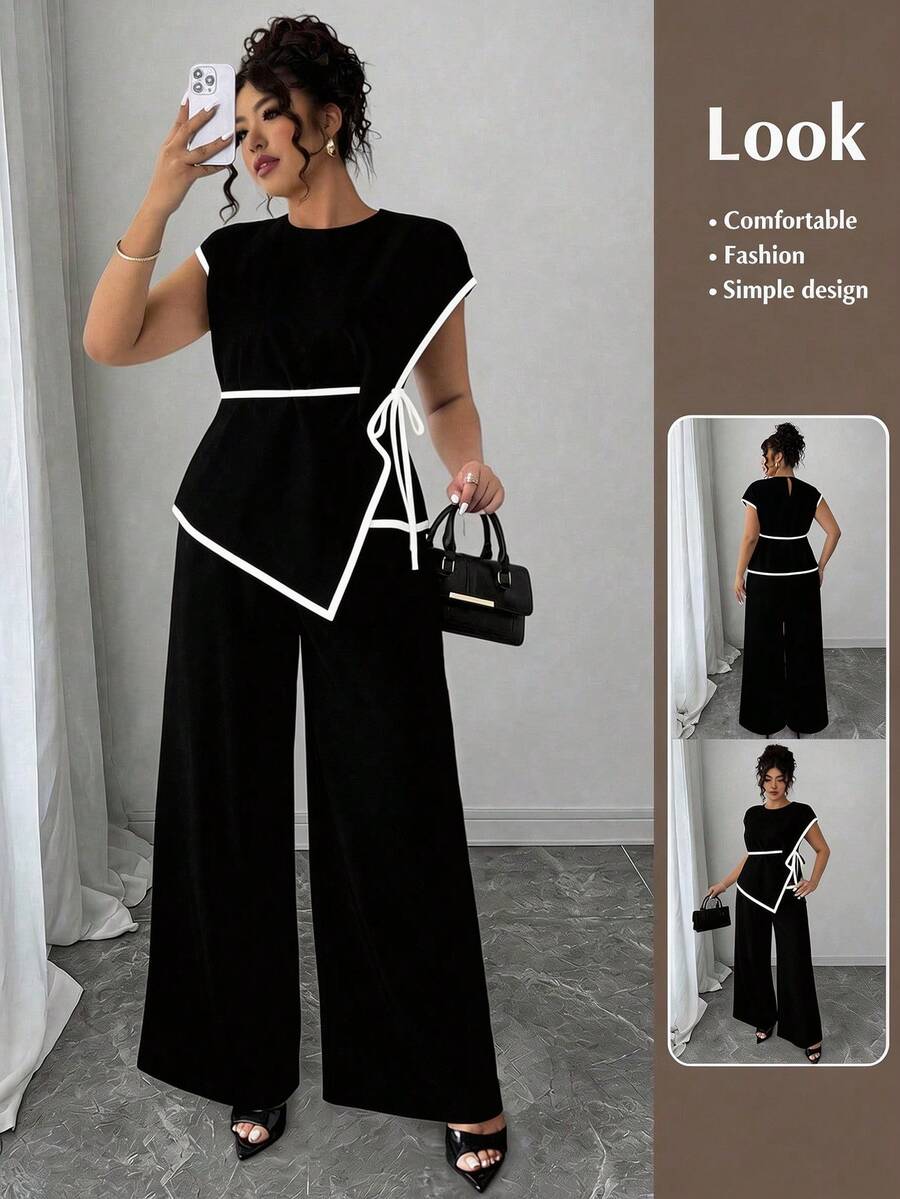 Elenzga Setelan 2 Potong Lengan Pendek dengan Potongan Pinggang Asimetris dan Detail Ikat Pinggang, Ukuran Plus - Hitam dan Putih - View 1