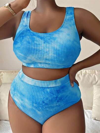 Slaydiva Conjunto de 2 piezas de bikini con estampado de teñido anudado para mujer talla grande, moda casual para vacaciones