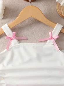 Girls Summer Birthday Outfit 1 Set Cute Princess Style 3D Bow Decor Camisole Top & A-Line Striped Skirt, White & Pink Suitable For Daily Wear, Party - Pink - View 3