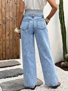 SHEIN Maternity Knit Belly Support Blue Denim Loose Straight Leg Pants Summer Carnival Costume Commuting Vacation Graduation Chic Y2k Cute Streetwear Coquette Party Wedding Elegant Business Casual Woman Business Beach Graduation Daisy Print Maternity Jeans Light Wash Denim Wide Leg For Expectant Mothers - Blue - View 2