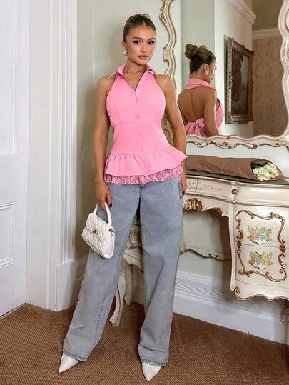 Glamine Áo kiểu lãng mạn không tay hở lưng phối ren dành cho nữ