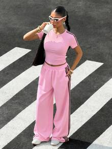 Muchica Pink Women's Striped Short Sleeve T-Shirt And Wide Leg Pants Casual 2 Pieces Set - Pink - View 6