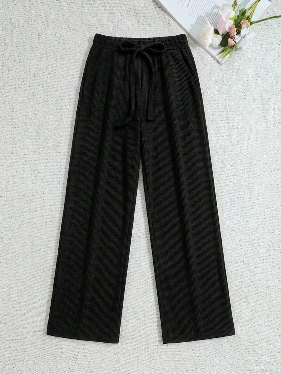 WovenCharm Women Waffle Fabric Wide Leg Lounge Pants - Black - View 1