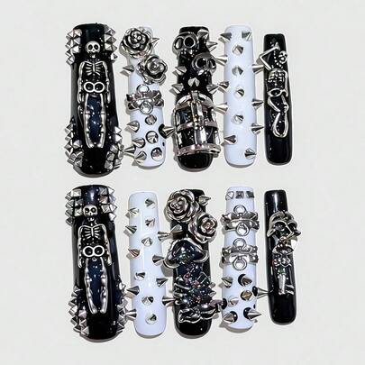 ROMWE Goth 10 đinh tán tối màu phong cách Punk, miếng dán móng tay giả hình đầu lâu và một miếng băng dính hai mặt.