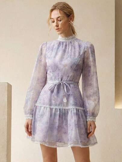 Anewsta Đầm ngắn tay phồng cổ tròn phối ren Tencel in hoa thanh lịch, trang phục mùa hè cho nữ, đầm thường ngày cho phái nữ