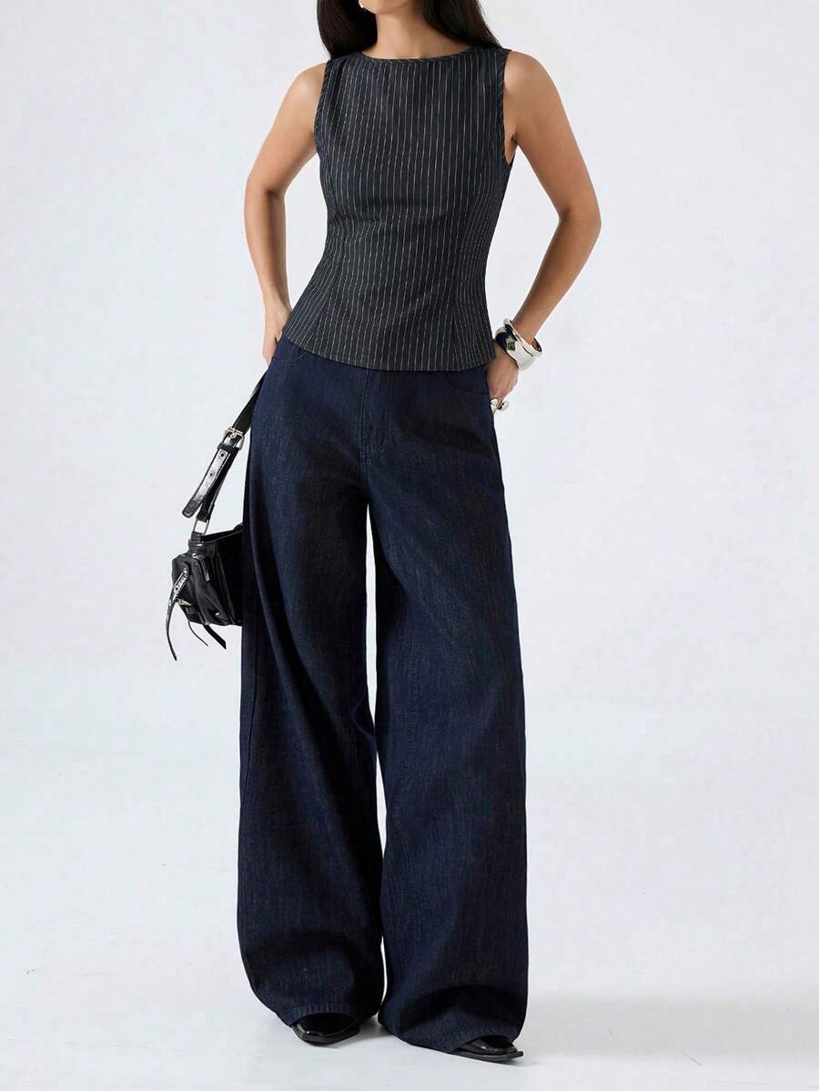 LYSMO 2026新款极简黑色条纹圆领修身休闲背心，适合工作/商务休闲/办公室穿着，时尚女式衬衫/休闲女式衬衫 - 黑色 - 查看 1