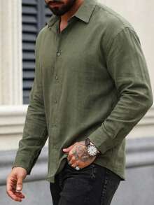 Men's Long Sleeve Button-Down Relaxed Fit Linen-Blend Shirt - Army Green - View 4