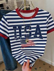 Resyla Women's Casual Letter Print Striped Round Neck Short Sleeve T-Shirt, Summer - Multicolor - View 4