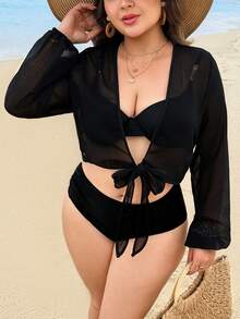 SHEIN Swim 大码女式纯色长袖宽松休闲度假开衫 - 黑色 - 查看 4