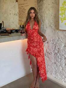 MainGRL Women's Floral Print Halter Tie Neck Ruffle Top And Slit Ruffle Hem Skirt 2-Piece Set, Suitable For Vacation, Beach, Date - Multicolor - View 5