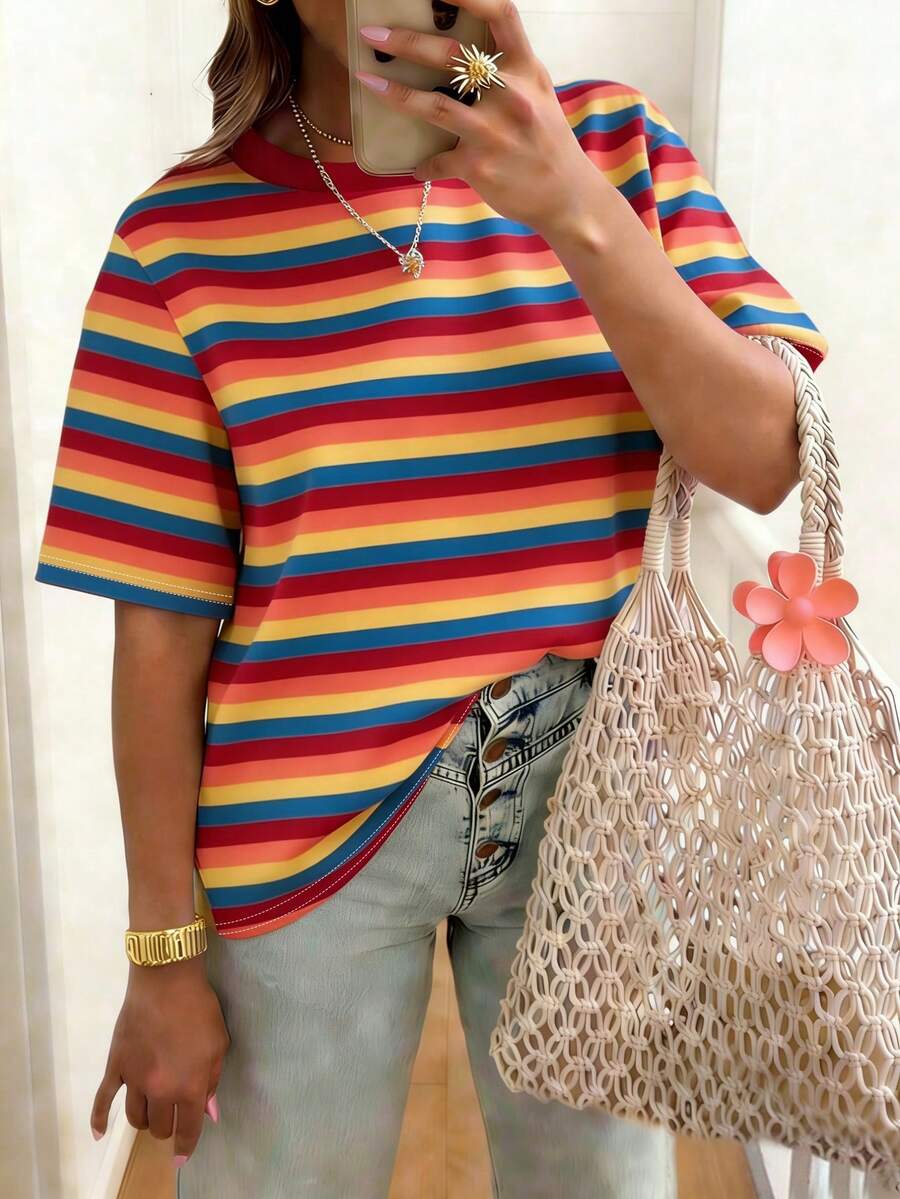 EMERY ROSE Women's Striped Short-Sleeved T-Shirt, Casual Outdoor Wear, Lounge Wear - Multicolor - View 1