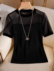 SHEIN Tall CURVE Plus Size Elegant Solid Color Stretchy Fitted Sheer T-Shirt - Black - View 7