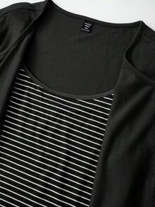Áo khoác cardigan dệt kim màu trơn cỡ lớn, cài nút phía trước, dây rút trang trí kẻ sọc, kiểu dáng thanh lịch, thích hợp mặc hàng ngày đi làm. - màu đen - Xem 3