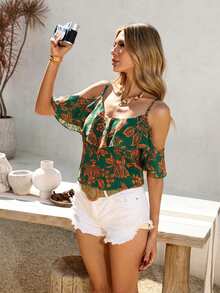 Brillora Áo hai dây nữ cổ bèo in hoa, thích hợp cho kỳ nghỉ. - màu xanh lá - Xem 3