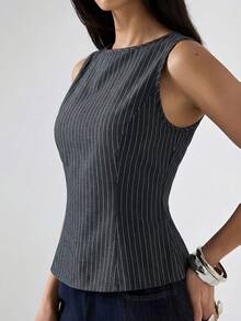 LYSMO 2026新款极简黑色条纹圆领修身休闲背心，适合工作/商务休闲/办公室穿着，时尚女式衬衫/休闲女式衬衫 - 黑色 - 查看 5