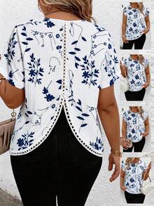 Breezaya Plus Size Women's Casual Vacation Plant Print Round Neck Short Sleeve Shirt - Multicolor - View 1