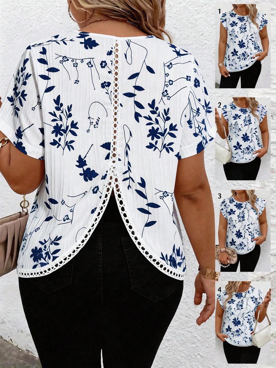 Breezaya Plus Size Women's Casual Vacation Plant Print Round Neck Short Sleeve Shirt - Multicolor - View 1
