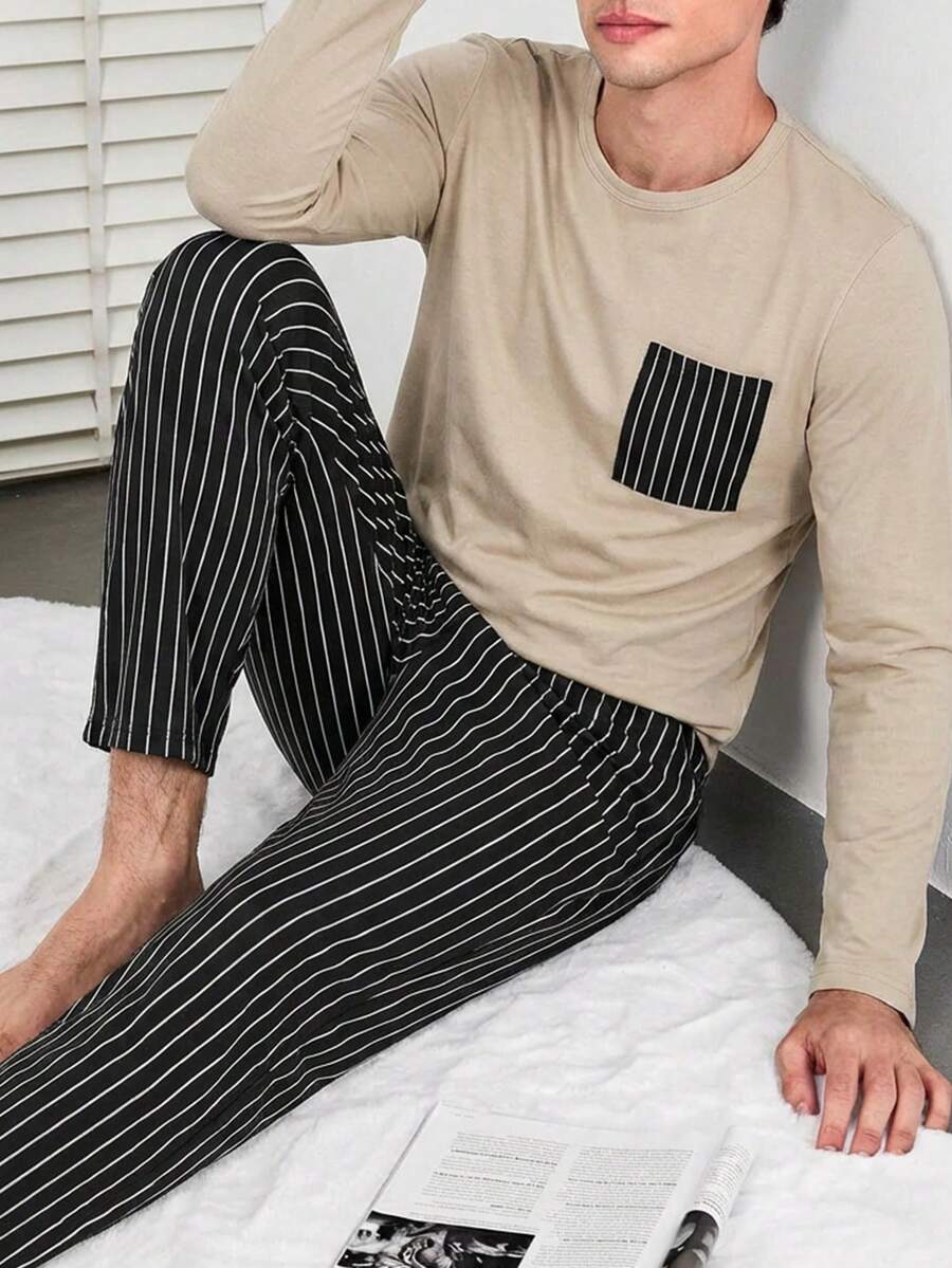 Cottnline Herren gestreifte Hose, gestreifte Tasche, regulärer Langarm Hausanzug Set - Aprikosenfarben - Übersicht 1