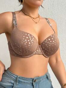 DesireSculpt 1pc Women's Heart Print Rhinestone Strap Design Underwire Plus Size Bra - Camel - View 4