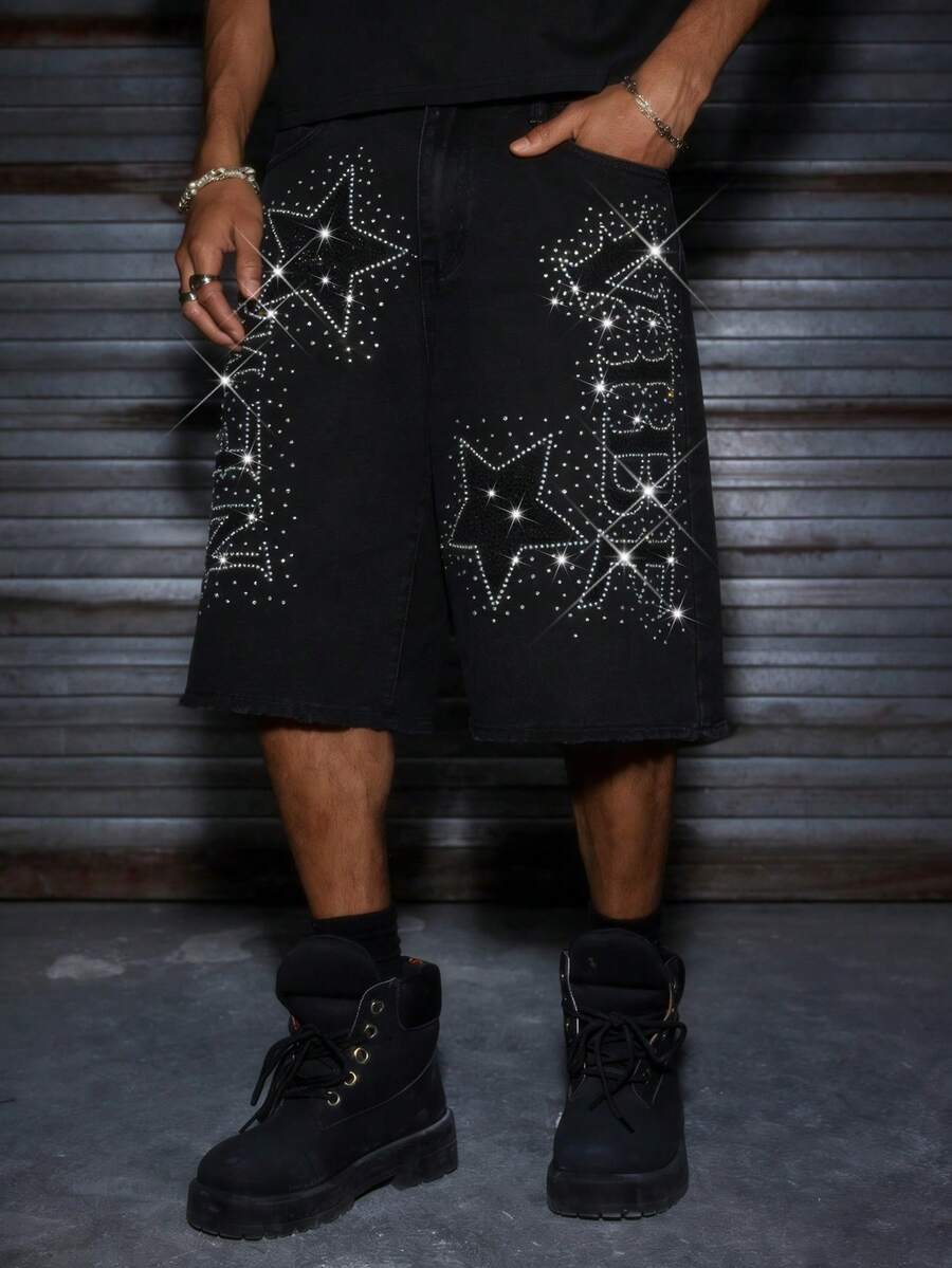 Manfinity EMRG Men's Hiphop Street Fashion Star Rhinestone Club Washed Black Wide Leg Denim Shorts - Black - View 1
