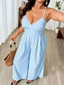 Weeklong Plus Size Women's New Elegant Casual Striped Backless Bow-Tie Design Jumpsuit, Spring/Summer - Multicolor - View 4