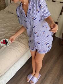 SHEIN Rosa gestreifter Kirschprint Kragen Kurzarm Shorts Damen Pyjama Set - Violett - Übersicht 5