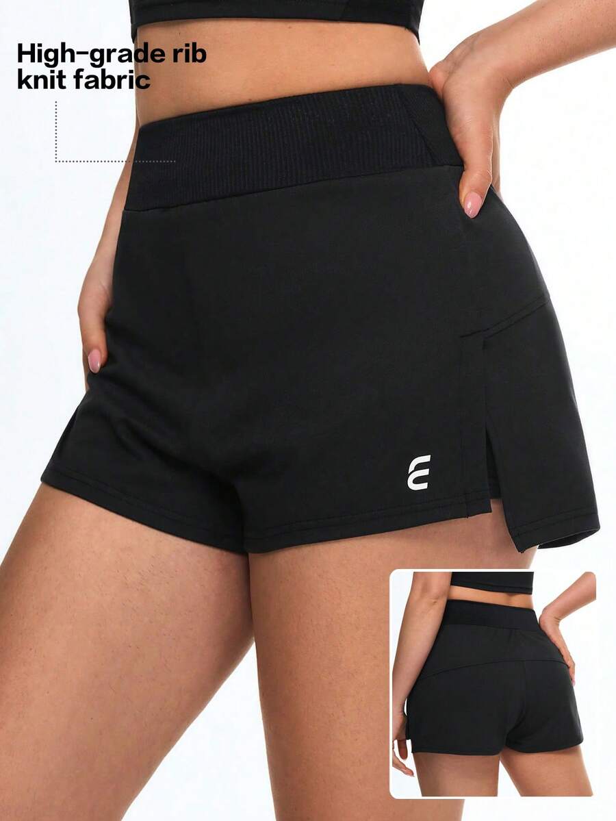 SHEIN Sports Eassivo 女士轻便宽腰带运动短裤 - 瑜伽户外训练跑步 - 黑色 - 查看 1