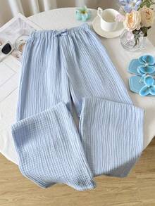 SHEIN Quần dài mùa hè mới cho bé gái, màu xanh nhạt trơn, cạp chun, kiểu dáng thường ngày, chất liệu 100% cotton, thích hợp đi nghỉ mát, quần cargo cho bé gái tuổi teen. - Màu xanh lam - Xem 10