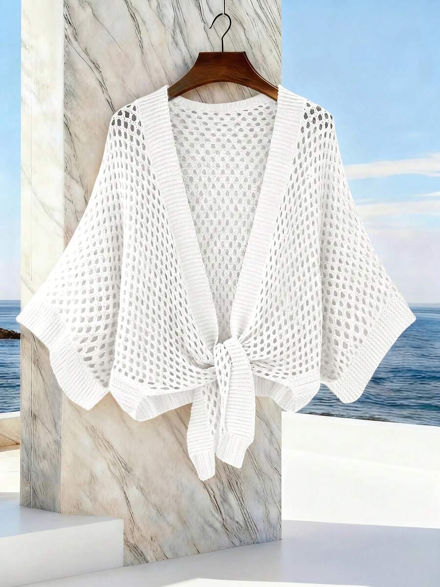 GlowEve Áo khoác cardigan nữ dáng rộng, thời trang, đa năng, gợi cảm, cổ chữ V khoét rỗng, thắt nơ phía trước. - trắng - Xem 1