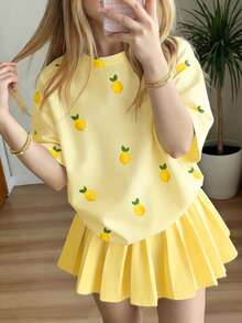 Elladie kids Girls' Casual Lemon Graphic Print Short Sleeve T-Shirt, Comfortable Daily Wear For Spring, Summer And Autumn - Multicolor - View 8