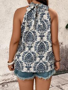 Breezaya Plus Size Women Floral Print Halter Tie Neck Blouse, Fashionable For Beach Vacation - Multicolor - View 2