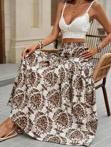 Brillora Women's Elastic Waist Loose Bohemian Print Skirt - Brown - View 5