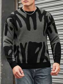 EURMUSE Men's Printed Drop Shoulder Sweater - Dark Grey - View 5