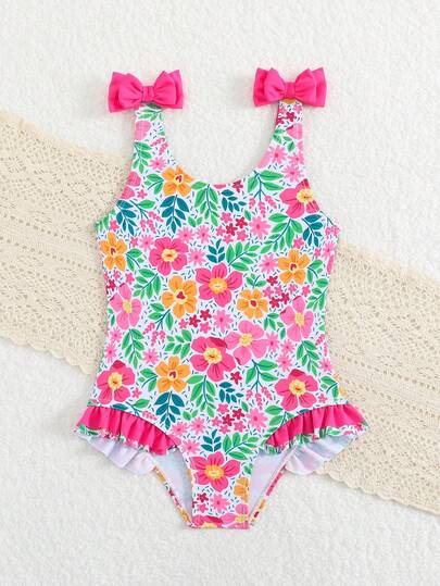 SHEIN Traje de baño de una pieza para niñas/Estampado floral aleatorio/Ribete con volantes, traje de baño casual y elegante para niñas jóvenes, adecuado para nadar, vacaciones de verano, playa, piscina, fiesta de vacaciones