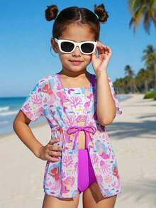 Bộ đồ bơi cho bé gái (size nhỏ), họa tiết da báo hồng dễ thương, 3 mảnh, thời trang, thanh lịch, phù hợp cho bơi lội, kỳ nghỉ hè. - Hồng - Xem 6